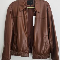 Zara Brown Faux Leather Bomber Jacket