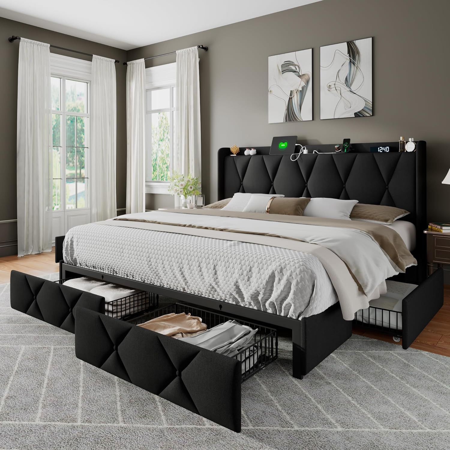 New King Size Bed Frame with 4 Storage Drawers, Upholstered Platform Bed Frame with Charging Station, Wingback Storage Headboard, Wood Slat Support, N