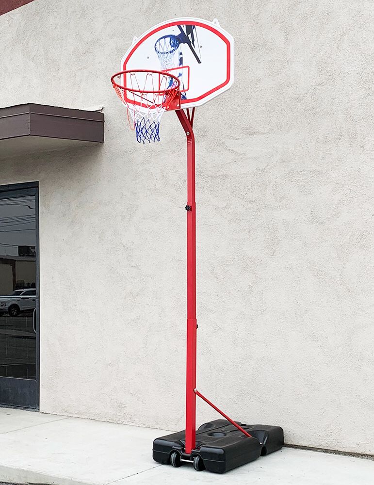 New $75 Basketball Hoop w/ Stand Wheels, Backboard 32”x23”, Adjustable Rim Height 6’ to 8’