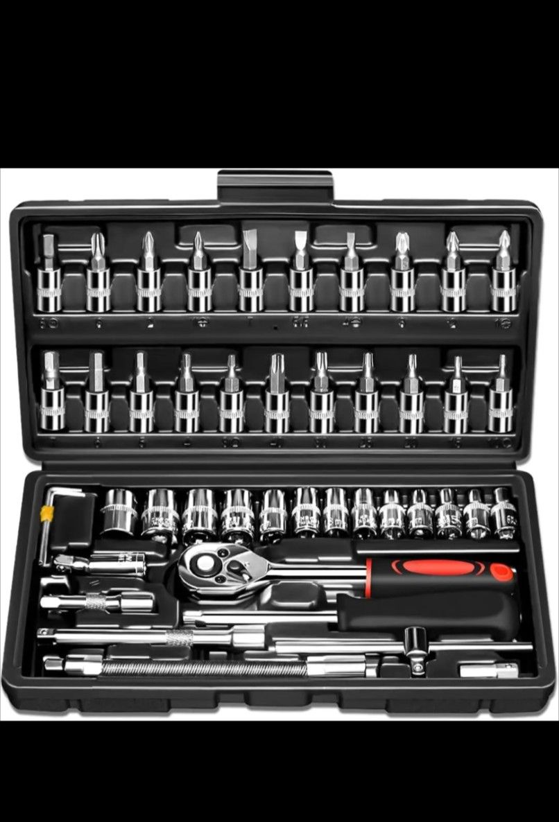 46-Pieces 1/4 Inch Drive Socket Ratchet Wrench Set Metric Bit Socket Extension Bar Hand Tools Case Pack Auto Repair Garden Use