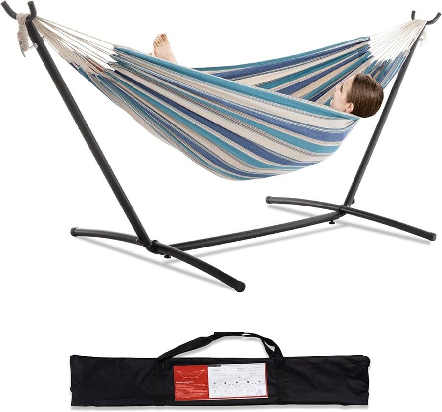 Double Hammocks with Stand for Outside, Portable Space Saving Heavy-Duty Steel Stand for Indoor Outdoor Patio with Carrying Bag, 450 lbs Capacity (Lig