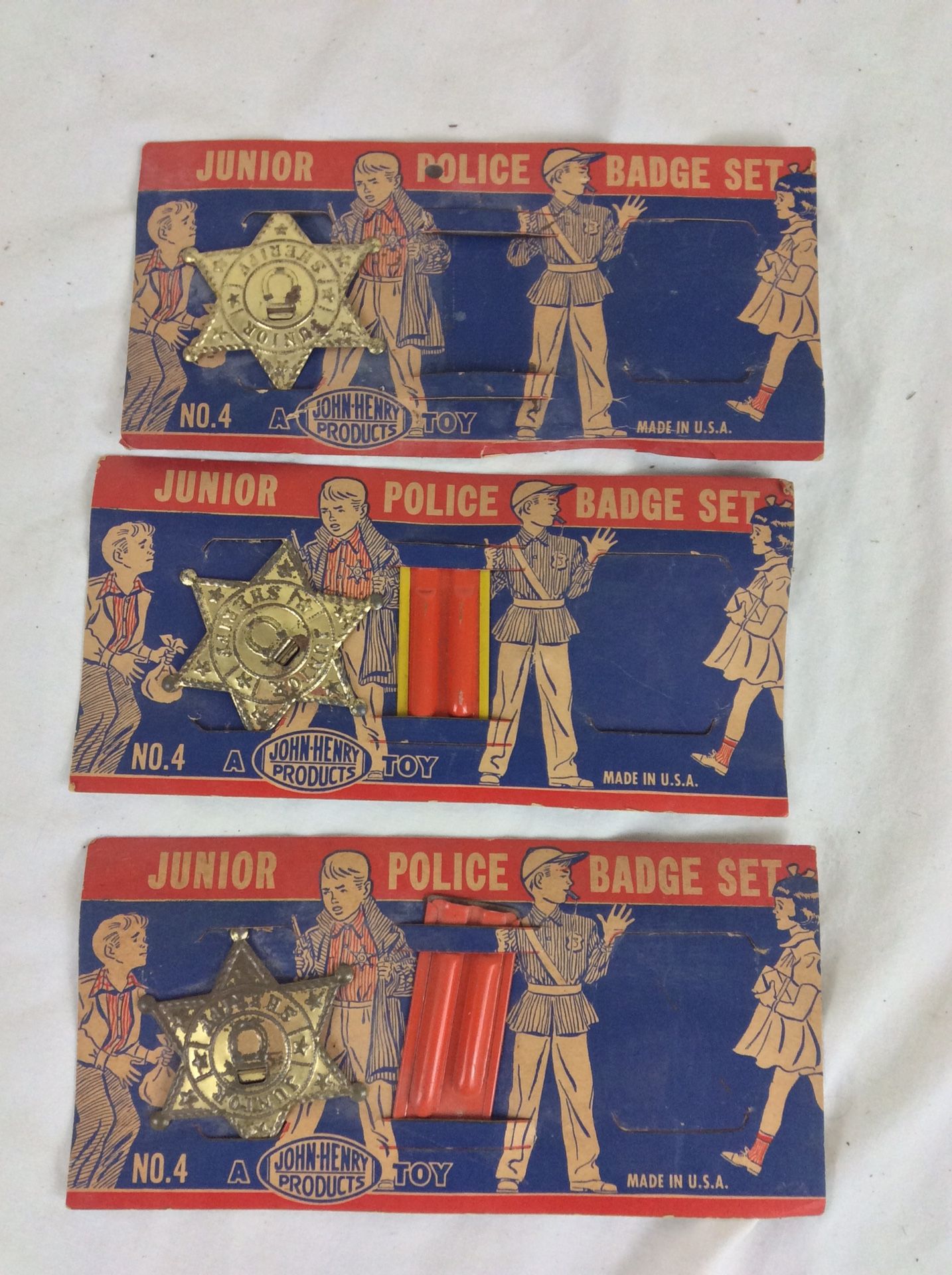 Lot of 3 Vintage Junior Police Badge Sets #4 A John Henry Toy Product Made in USA
