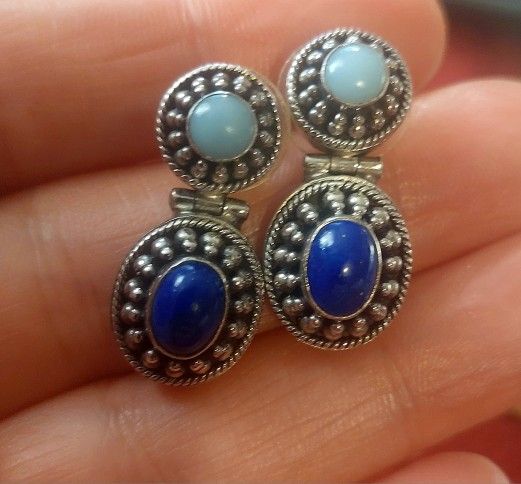Sterling Silver Designer Signed Lapis And Adventurine Earrings