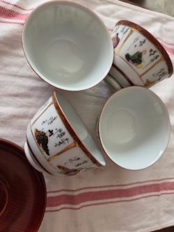 Set Of 4  We Shuang-Pu Style Figural Porcelain Tea/Rice Bowls - Red Seal Mark