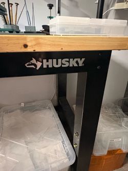 Husky 96 in. W x 24 in. D Adjustable Height Black Workbench with Solid Wood Top