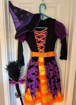 Girls Witch Halloween Costume with Hat and Broom