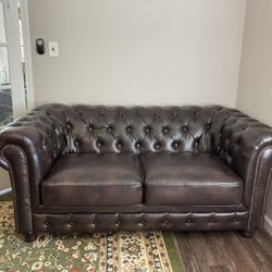 72” Faux Leather Rolled Arm Chesterfield Sofa