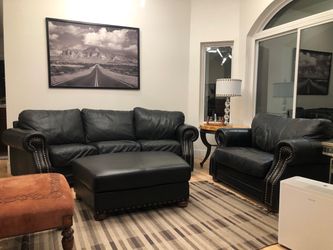 Black Leather Sofa, Chair, and Ottoman Set