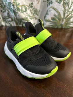 Kids Size 10, Slip-On Sneakers Black and Neon Green