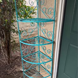 Aqua Blue Cast Iron Metal Corner Plant Stand Decorative Outdoor Patio Shelf