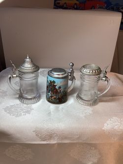 Set of 3 Vintage German Mini Steins with Attached Lids