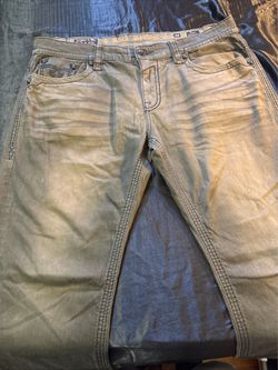 Rock Revival Dan Straight Jeans Mens Size 40 Khaki Gray Thick Stitch Distressed
