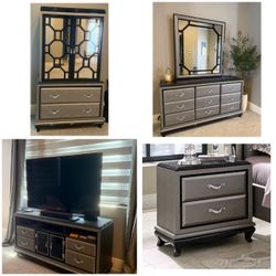AICO After Eight by Michael Amini Bedroom Collection- 2 Nightstands, Dresser, Armoire, Mirror, Media Cabinet