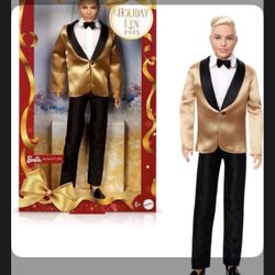 Barbie Signature 2025 Holiday Blonde Ken Collectible Fashion Doll Wearing Full Suit with Golden Jacket in Displayable Packaging & Doll Stand