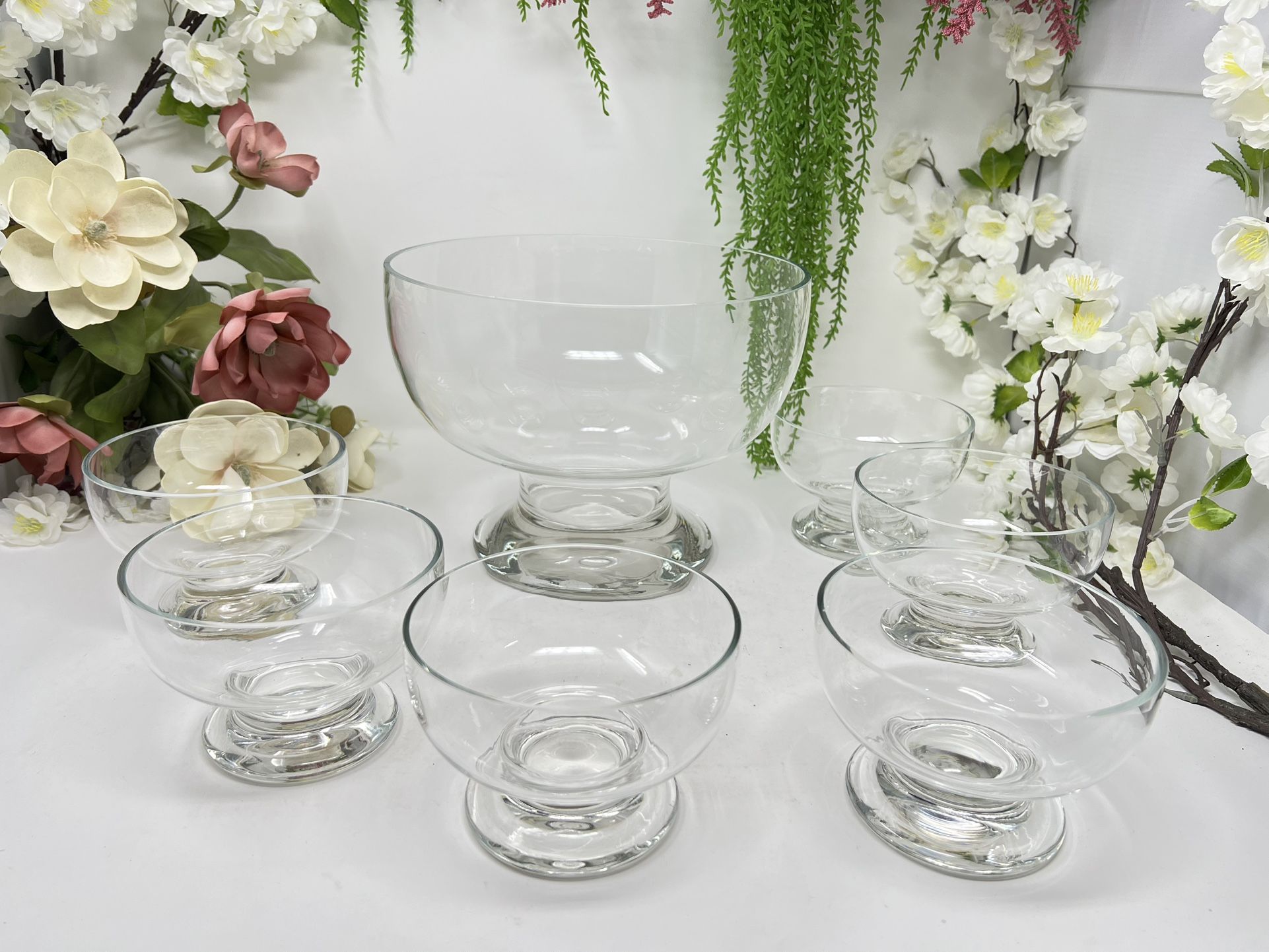 Vintage Footed Glass Dessert Bowl Set β 7 Pieces β Elegant Serving Set