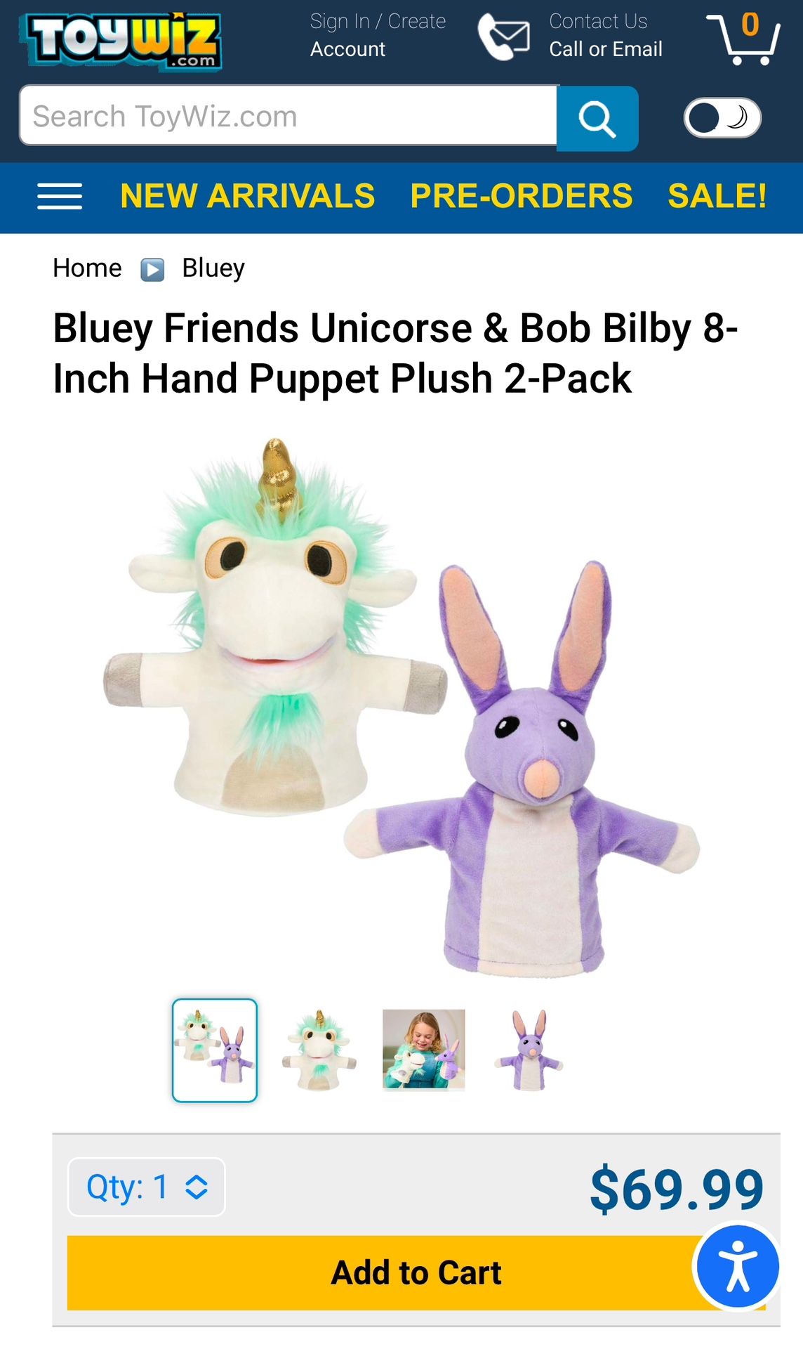 Bluey Friends Unicorse and Bob Bilby 8 inch Hand Puppet Plush 2 Pack