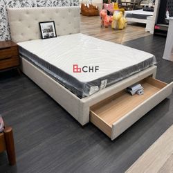 Beige Linen Fabric Queen Size Bed Frame With Storage Drawers