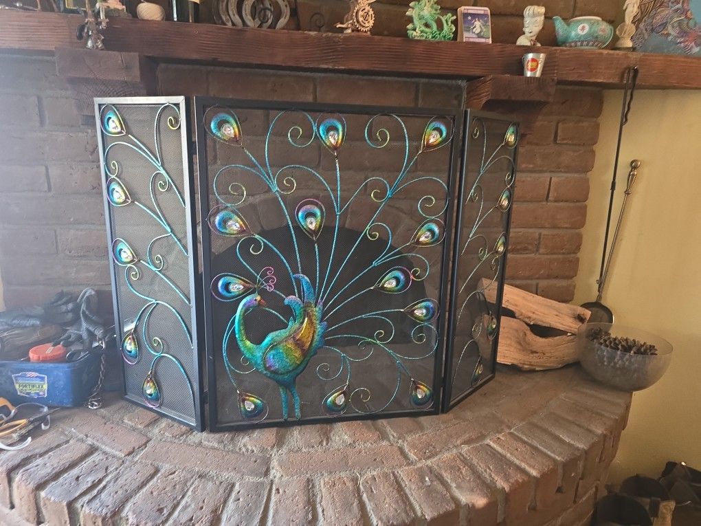Beautiful Peacock Fireplace Screen Cover - Iron