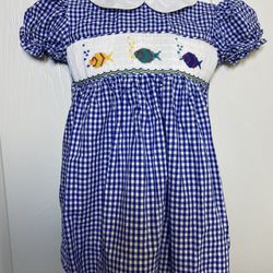 Strasburg boutique smocked blue checked gingham dress size 18 months embroidered fish 