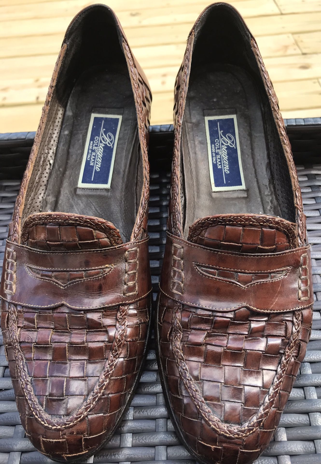 COLE HAAN Bragano Chestnut Brown woven Leather Penny Loafers 9.5N Italian Shoe