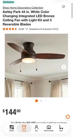 Ashby Park 44 in. White Color Changing Integrated LED Bronze Ceiling Fan with Light Kit and 3 Reversible Blades