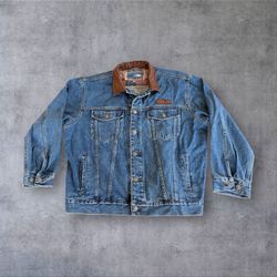 Vintage Dunbrooke Upstream Denim Trucker Jacket Leather Collar UPN Mens XL 