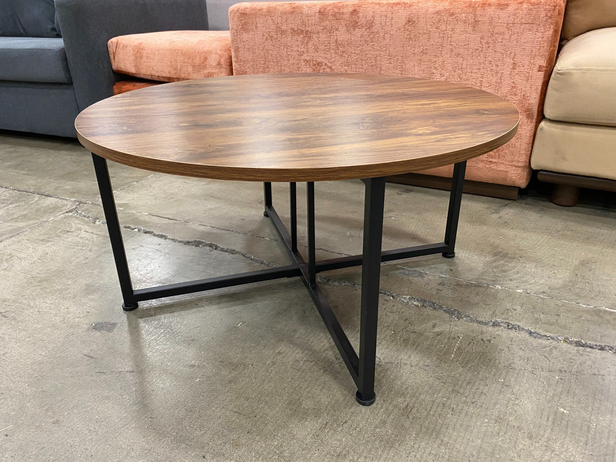 Round Rustic Top Coffee Table with Black Metal Frame