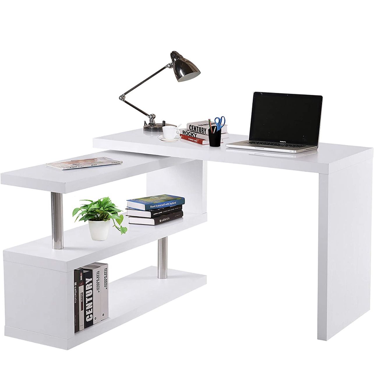 HOMCOM 360° White Rotating Corner Desk/Bookshelf
