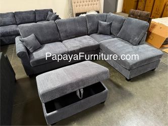 106” Plush Sectional Sofa With USB Charger, Cordoroy Couch, Grey Sofa, Grey Sectional, Grey Couch, Light Grey Sofa Couch And Storage Ottoman, Couch