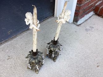 Vtg. 1950s Hanging Crystal Prism Brass Candle Holders + Porcelain Angel Huggers / Climbers + Wood Candles