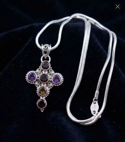 925Sterling Silver Multi-Gemstone Cross Pendant & 18" Snake Chain