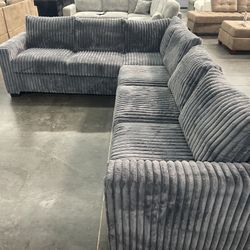 Sectional Sofa With Soft Fur Like Dark Grey Corduroy Fabric 