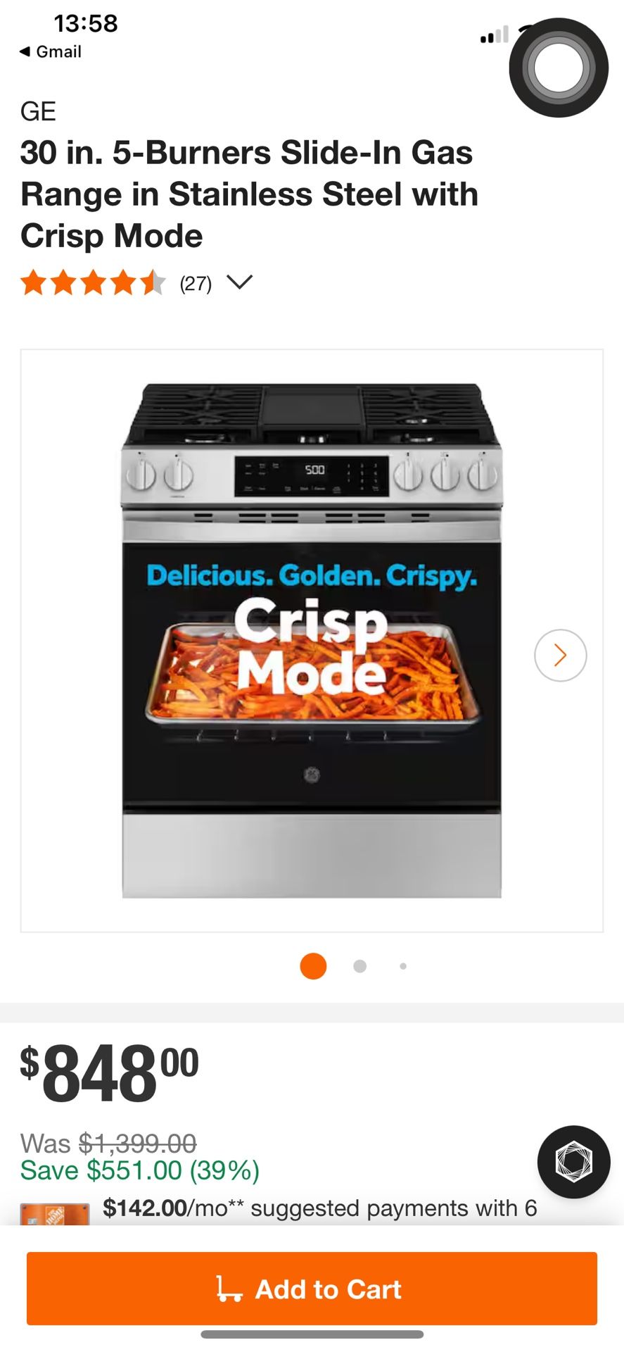 NEW NEVER USED GE Gas Range (Oven / Stove)