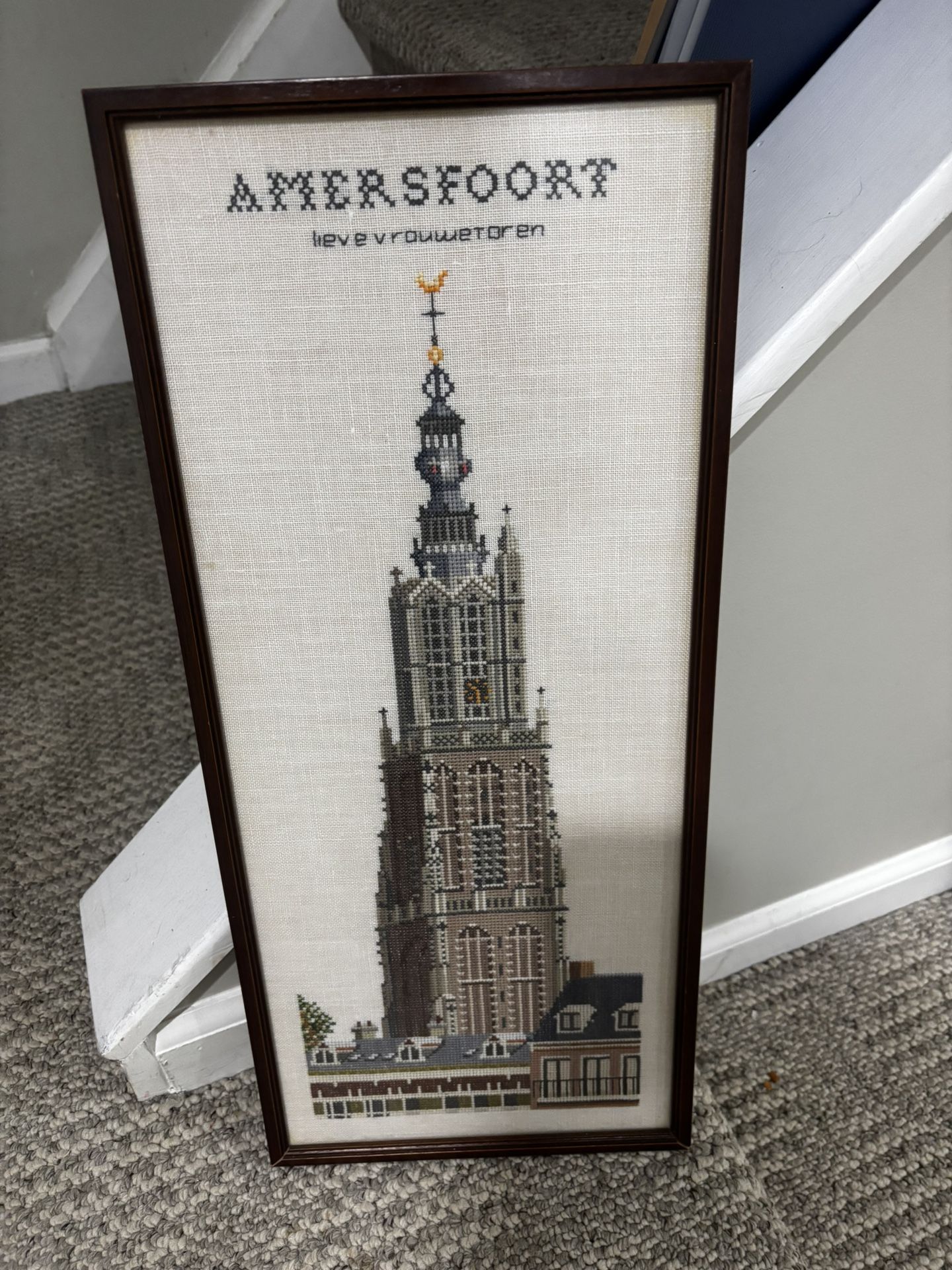 Vintage Framed Cross stitch wall art of Netherlands Church AMERSFOORT