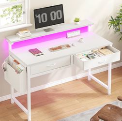White Computer Desk with LED Lights and Drawers