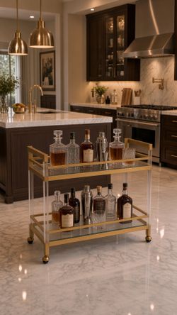 Luxury Lucite & Gold Bar Cart – Modern Glam Two-Tier Rolling Cart - $1600
