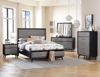 Brand new gray/black queen storage bed frame + dresser + mirror + nightstand + chest