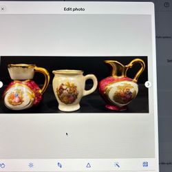Vtg Limoges of France Miniature Porcelain Pitchers Hand-painted/Gold Accents 3pcs