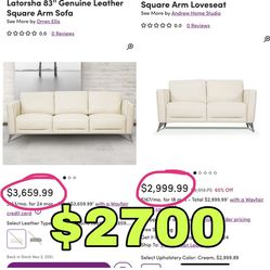 Beautiful New Italian Genuine Cream Leather Sofa Set(1 Sofa & 1 Loveseat) Only $2,700!!! Original Price $6,660!!!