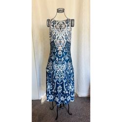 Blue and White Floral Print Midi Dress