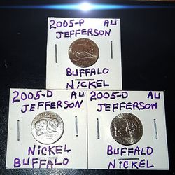 2005-D & 2005-D & 2005-P JEFFERSON BUFFALO  NICKEL SET IN AU CONDITION !