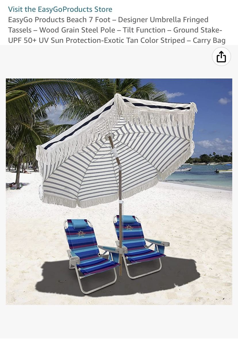 7’ Beach Umbrella Fringed tassels Wood Grain Steel Pole