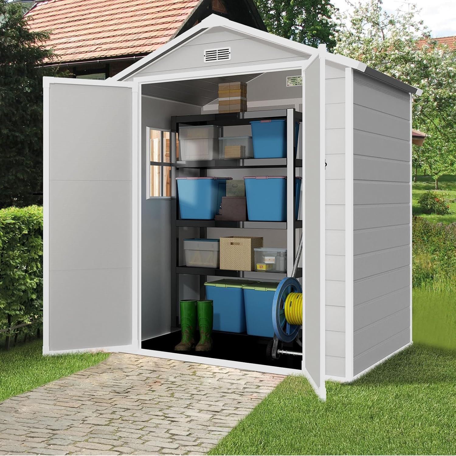 303  Resin Shed 6x4.4FT,Outdoor Storage Shed with Floor,Plastic Shed with Floor for Garden Tool,Waterproof Outdoor Resin Shed,Lockable Doors for Patio