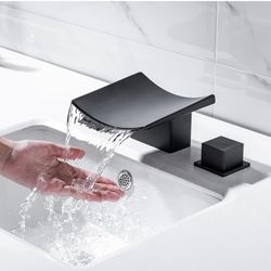 Waterfall Bathroom Faucets, Modern Bathroom Sink Faucet 3 Holes Widespread Dual Handle Brass Basin Mixer Taps with Supply Hoses, Matte Black Vanity Si