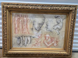 Art in a wonderful frame. Da Vinci style. Under glass, canvas size 24x36 inches. Framed size 36x48 inches. Signed by the artist.