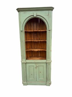 Large Pine Corner Cupboard Shelving Unit – Distressed Green