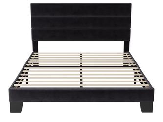 Queen Size Platform Bed Frame with Velvet Upholstered Headboard and Wooden Slats Support, Fully Upholstered Mattress Foundation/No Box Spring Needed/E