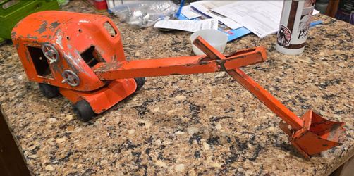 Vintage Orange Metal Toy Backhoe Excavator