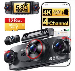 4 Channel 4K Dash Cam with 5.8G WiFi GPS, 360° Full View Car Camera with Night Vision, Voice Control, Support 128GB Card
