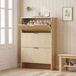  Fluted Shoe Cabinet Storage for Entryway with 3 Flip Drawers, Hidden Shoes Storage Cabinet, Narrow Shoe Rack Cabinet, Freestanding Slim Shoe Organize